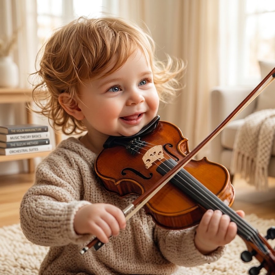 A very young child enjoying a first violin lesson