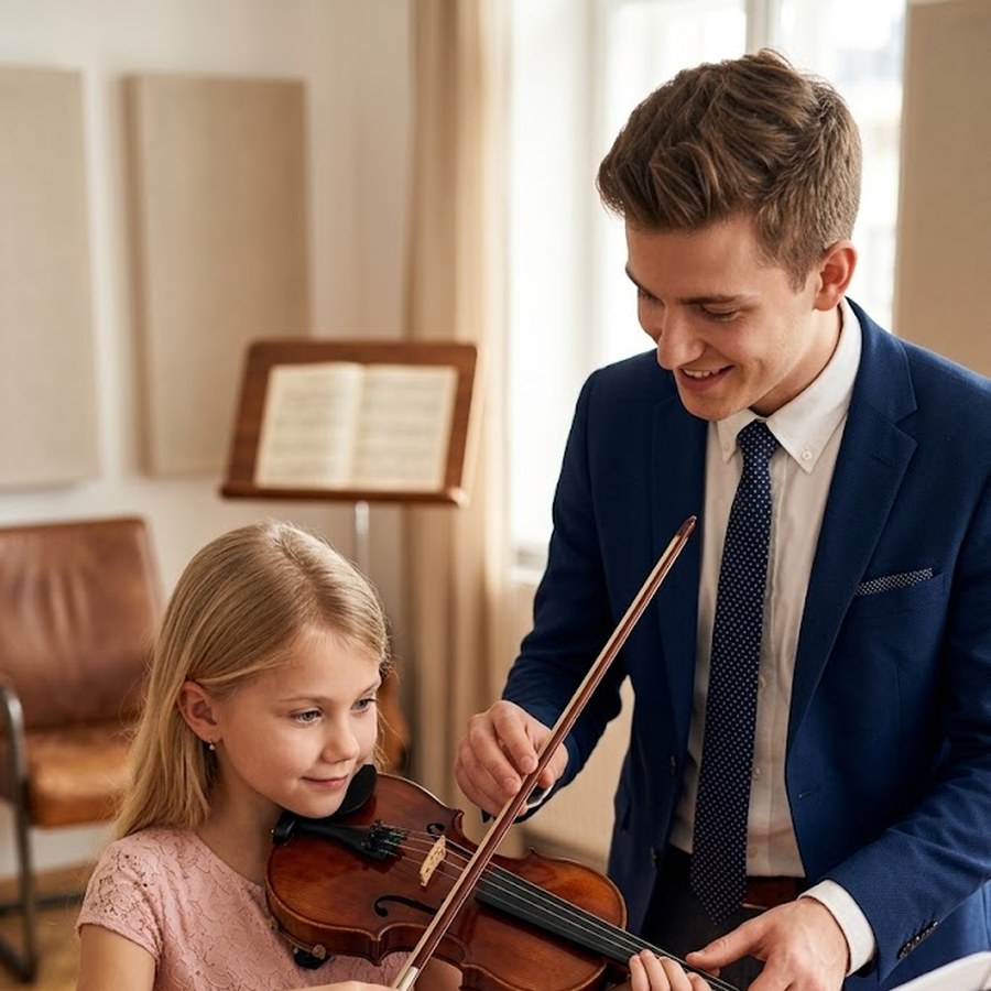 A violin teacher guiding a student through a lesson